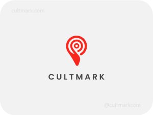Cultmark Hand Pin Location logo, red vector symbol of a hand holding a location pin representing personalized delivery and navigation for logistics or travel business identity.