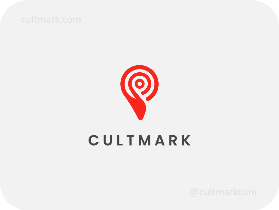 Cultmark Hand Pin Location logo, red vector symbol of a hand holding a location pin representing personalized delivery and navigation for logistics or travel business identity.