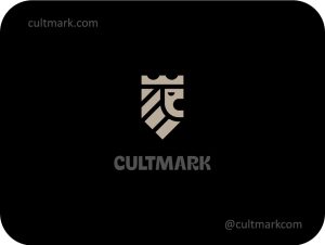 Cultmark Lion Crown Shield logo, minimalist sand-colored vector symbol of a crowned lion head within a shield representing authority and leadership for security or legal business identity.