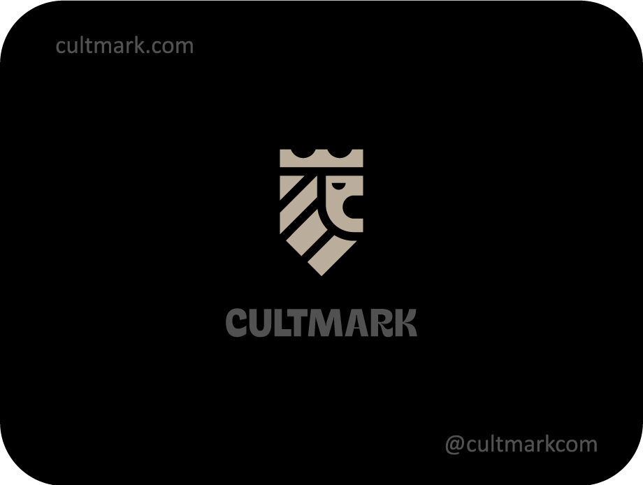 Cultmark Lion Crown Shield logo, minimalist sand-colored vector symbol of a crowned lion head within a shield representing authority and leadership for security or legal business identity.