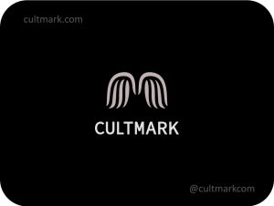 Cultmark Healing Wings and Hands logo, elegant beige vector symbol of minimalist wings and palms representing massage therapy and holistic care for spa or wellness business identity.