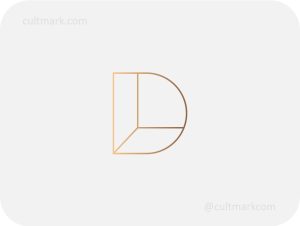 Cultmark geometric D letter logo, minimalist gold line monogram for architecture, interior design, and luxury business branding.