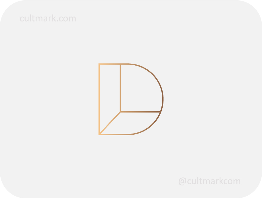 Cultmark geometric D letter logo, minimalist gold line monogram for architecture, interior design, and luxury business branding.