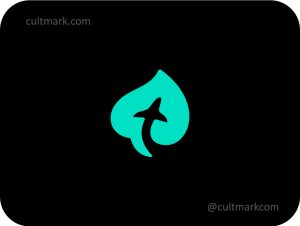 Cultmark modern eco travel logo design with a plane silhouette in negative space of a green leaf, ideal for sustainable tourism and aviation startups.