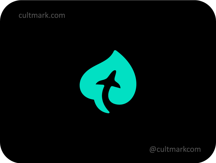 Cultmark modern eco travel logo design with a plane silhouette in negative space of a green leaf, ideal for sustainable tourism and aviation startups.