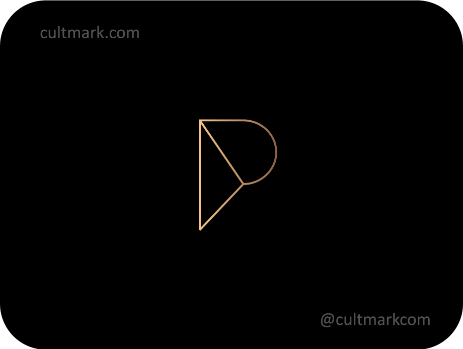 Cultmark graceful golden letter P logo design, elegant and geometric gold line art P initial for luxury business identity on black background.