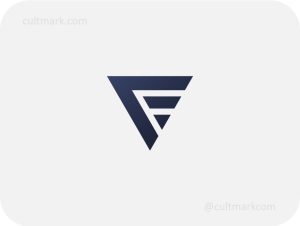 Cultmark geometric letter F logo design, sleek dark blue triangle F initial for tech business identity on light background.