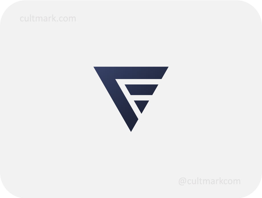 Cultmark geometric letter F logo design, sleek dark blue triangle F initial for tech business identity on light background.