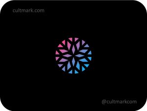 Cultmark diamond flower logo design, geometric crystalline floral symbol with pink and blue gradient for luxury business identity on black background.