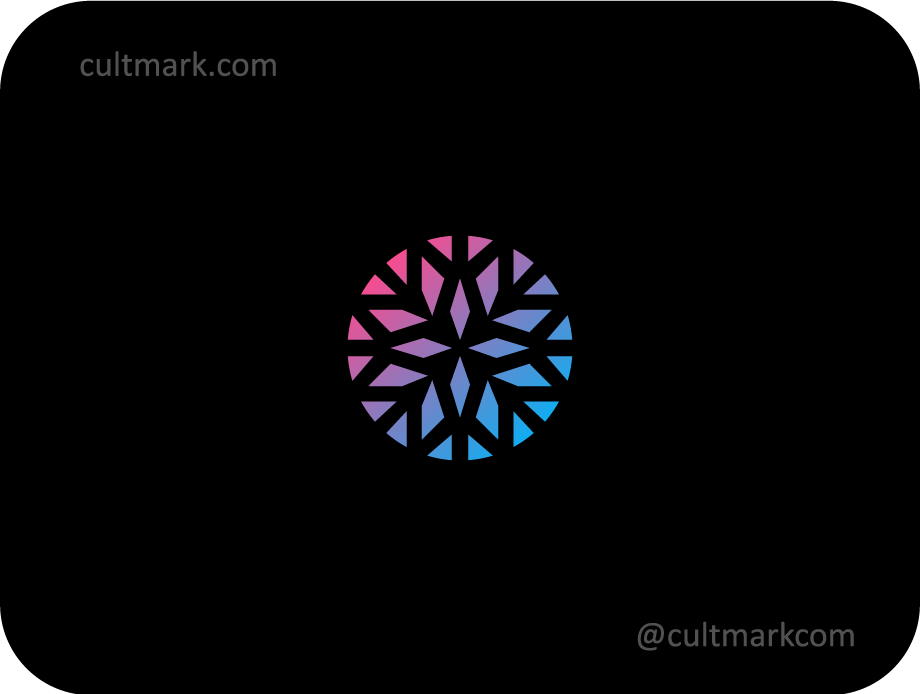 Cultmark diamond flower logo design, geometric crystalline floral symbol with pink and blue gradient for luxury business identity on black background.