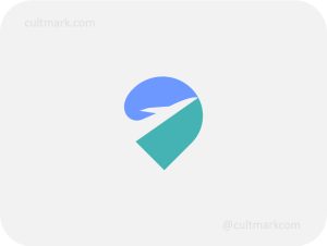 Cultmark FlyPoint logo design, negative space airplane within a location icon for tourism or flight booking business identity on light background.