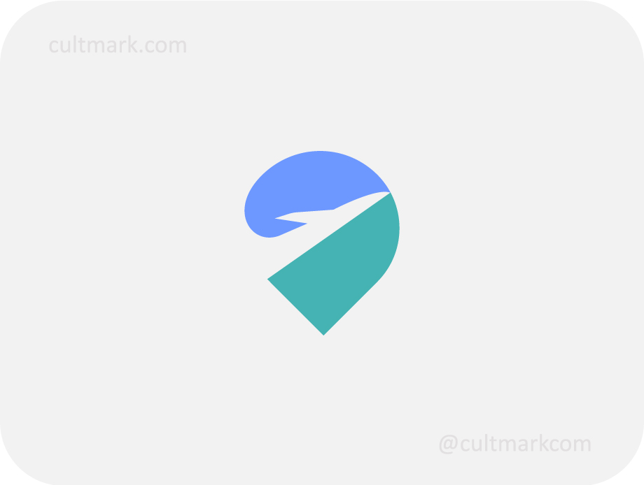 Cultmark FlyPoint logo design, negative space airplane within a location icon for tourism or flight booking business identity on light background.