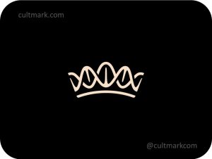 Cultmark Genom King monogram design, minimalist blue crown and DNA helix symbol for medical, biotech, or genetic research business identity on light background.
