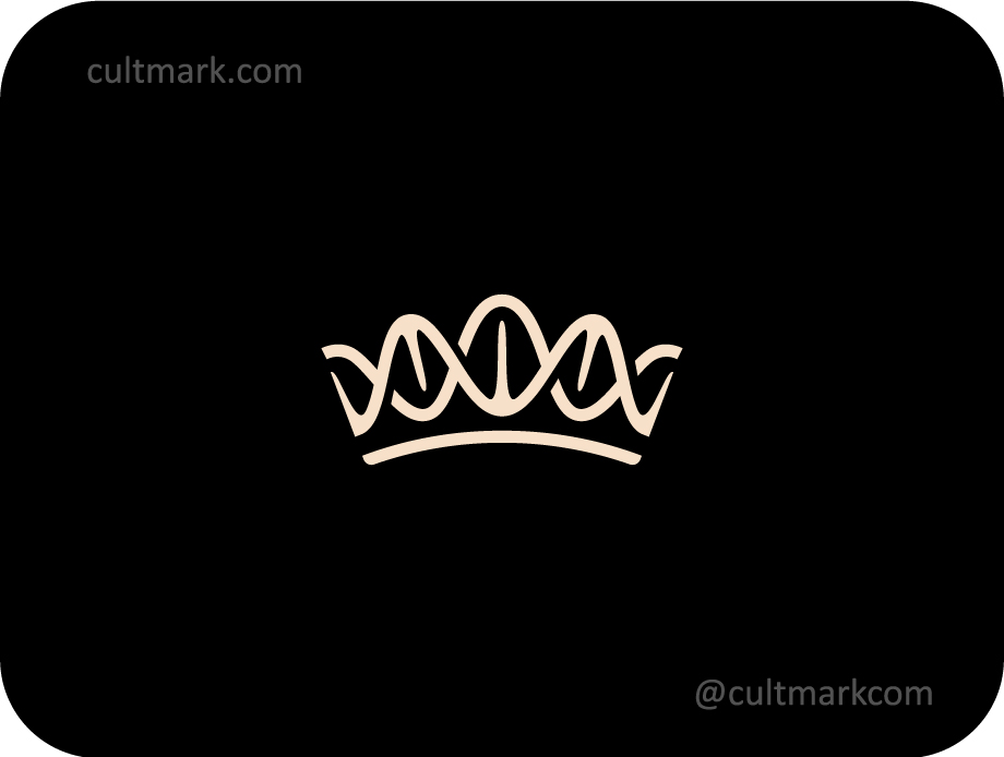 Cultmark Genom King monogram design, minimalist blue crown and DNA helix symbol for medical, biotech, or genetic research business identity on light background.