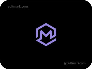 Cultmark geometric letter M logo design, minimalist lavender hexagonal M initial for tech and software business identity on black background.