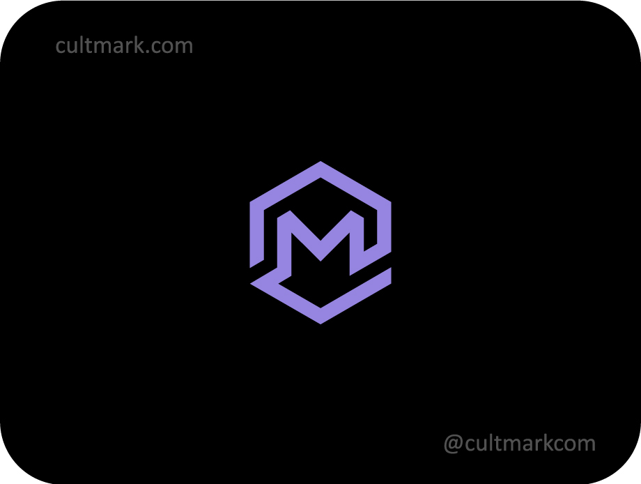 Cultmark geometric letter M logo design, minimalist lavender hexagonal M initial for tech and software business identity on black background.