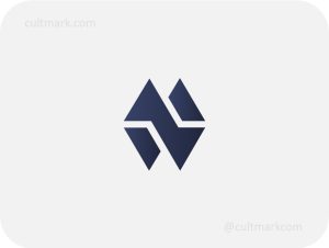 Cultmark Mountain Peak Monogram M logo design, minimalist dark navy blue geometric letter M and mountains symbol for finance or architect business identity on light background.