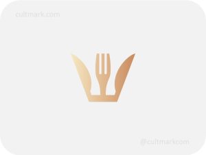 Cultmark Gastro King logo design, minimalist golden cutlery crown with fork and knives for premium restaurant or food business identity on light background.