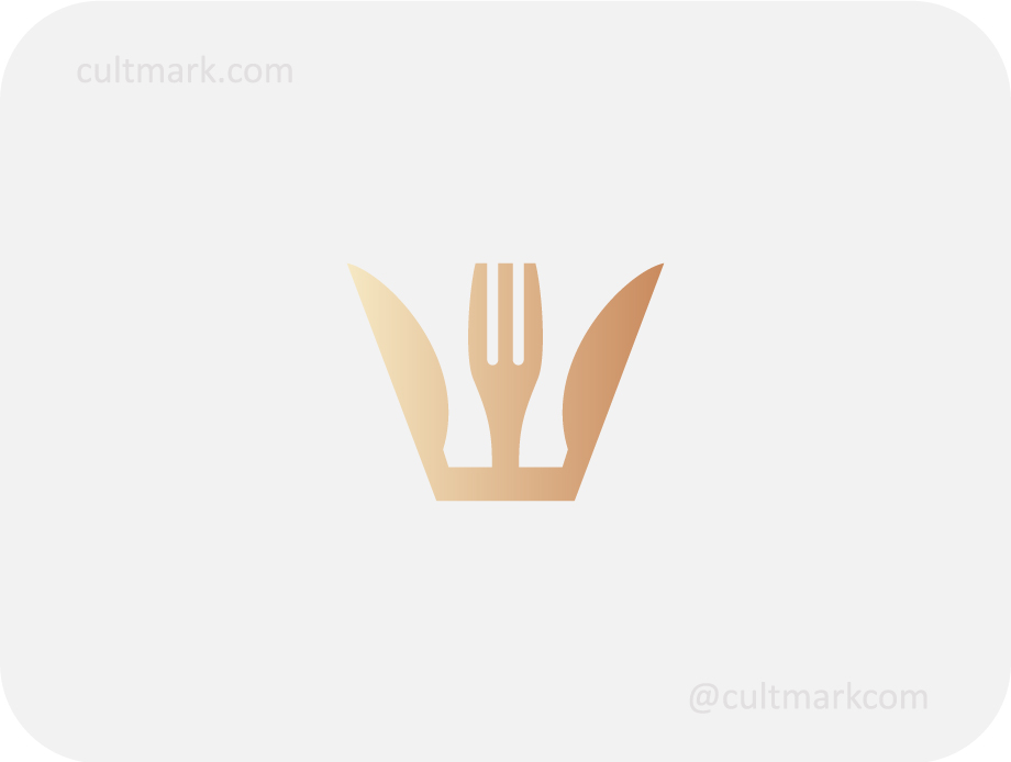 Cultmark Gastro King logo design, minimalist golden cutlery crown with fork and knives for premium restaurant or food business identity on light background.