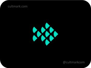 Cultmark Geometric Fish logo design, minimalist teal abstract fish symbol for technology or seafood business identity on black background.