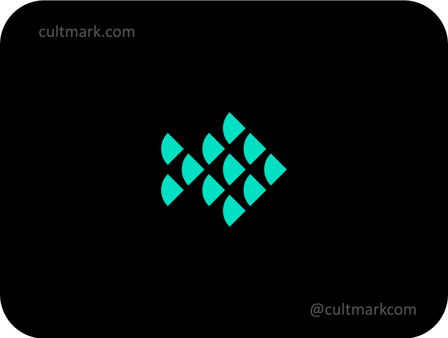 Cultmark Geometric Fish logo design, minimalist teal abstract fish symbol for technology or seafood business identity on black background.