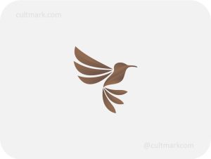 Cultmark Golden Hummingbird logo design, minimalist brown gradient bird symbol for eco-hotel, organic cosmetics or natural skincare brands on light background.
