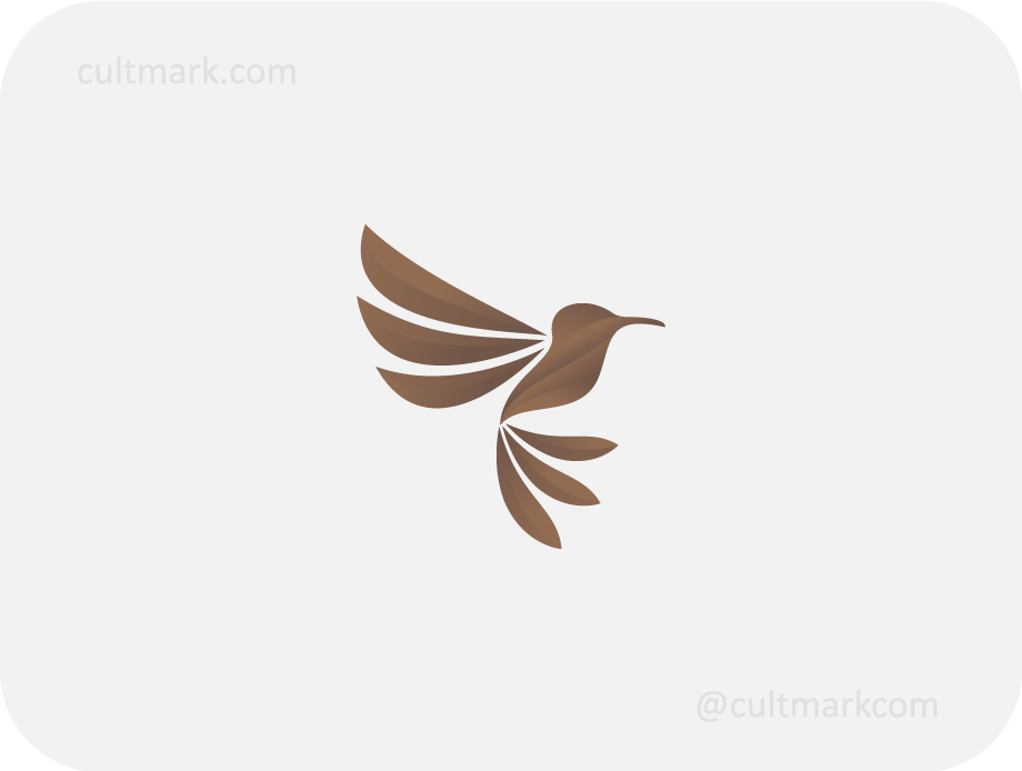 Cultmark Golden Hummingbird logo design, minimalist brown gradient bird symbol for eco-hotel, organic cosmetics or natural skincare brands on light background.