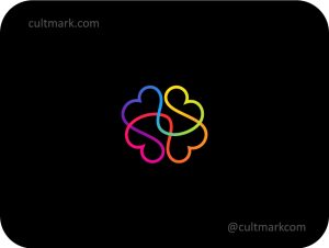 Cultmark Brain Flower logo design, colorful abstract line art symbol for psychology, neurology, or creative education business identity on black background.
