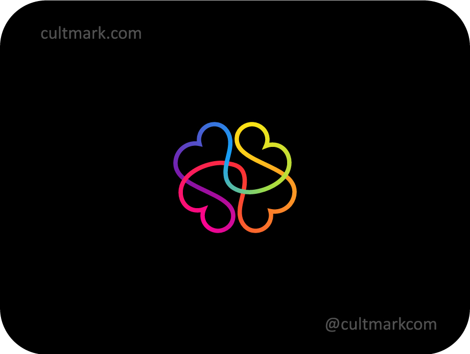 Cultmark Brain Flower logo design, colorful abstract line art symbol for psychology, neurology, or creative education business identity on black background.