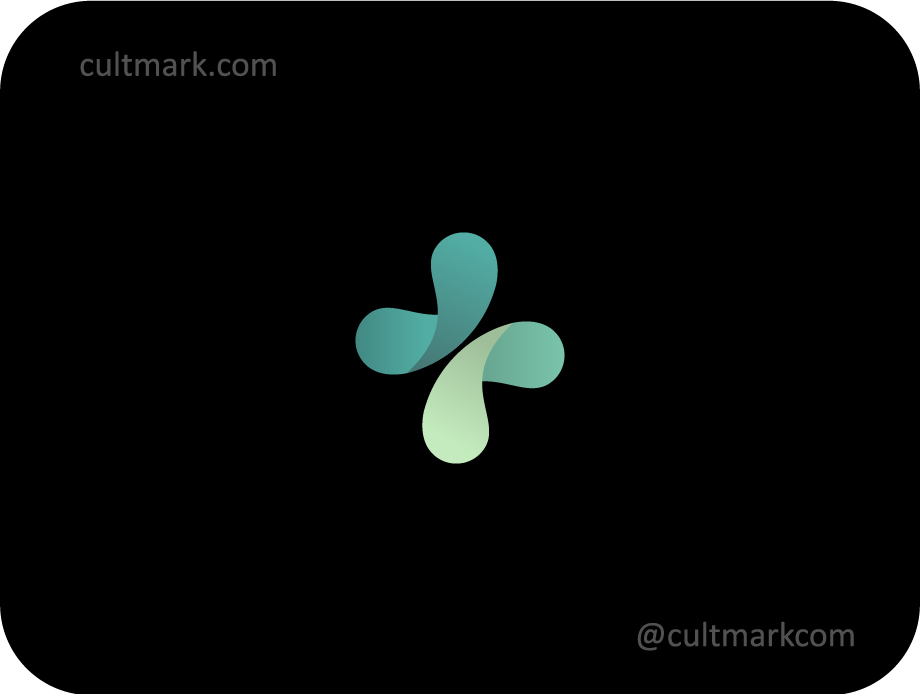 Cultmark Medical Butterfly Cross logo design, minimalist green gradient butterfly and medical cross symbol for pharmacy or healthcare business identity on black background.