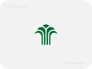 Cultmark Palm Tree logo design, minimalist green tree symbol for luxury eco-resort, professional landscaping, or sustainable architecture business identity on light background.