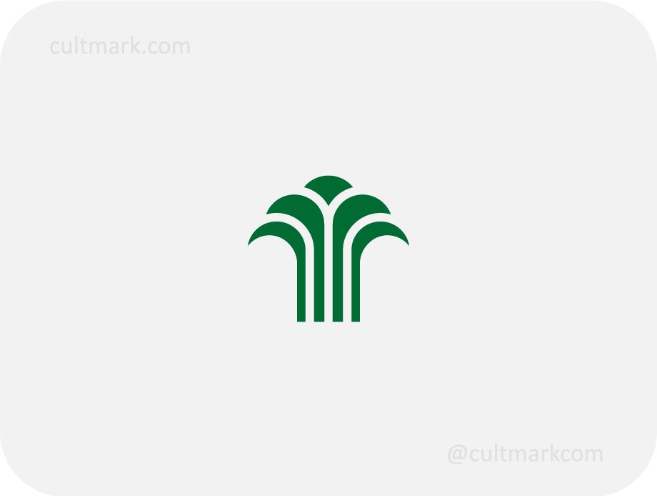 Cultmark Palm Tree logo design, minimalist green tree symbol for luxury eco-resort, professional landscaping, or sustainable architecture business identity on light background.