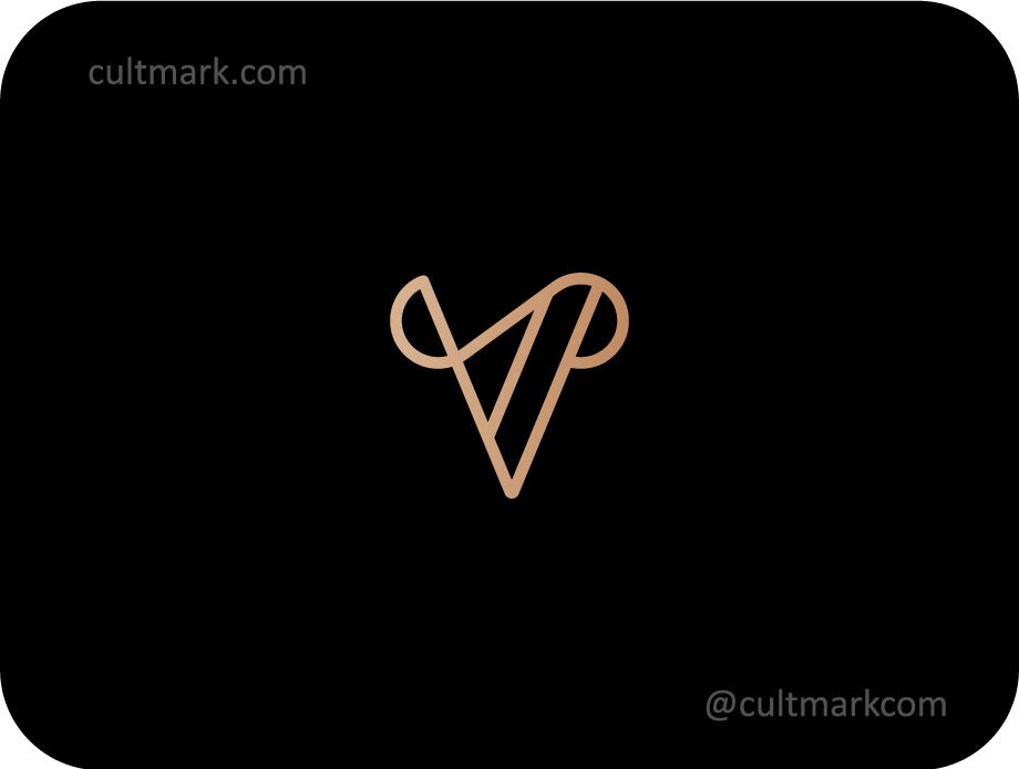 Cultmark Letter V luxury monogram design, minimalist gold elegant alphabet symbol for premium fashion or jewelry business identity on black background.