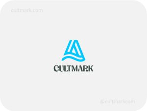 Cultmark Geometric Wave Letter A logo design, minimalist blue abstract symbol for tech, sports, or creative business identity on light background.