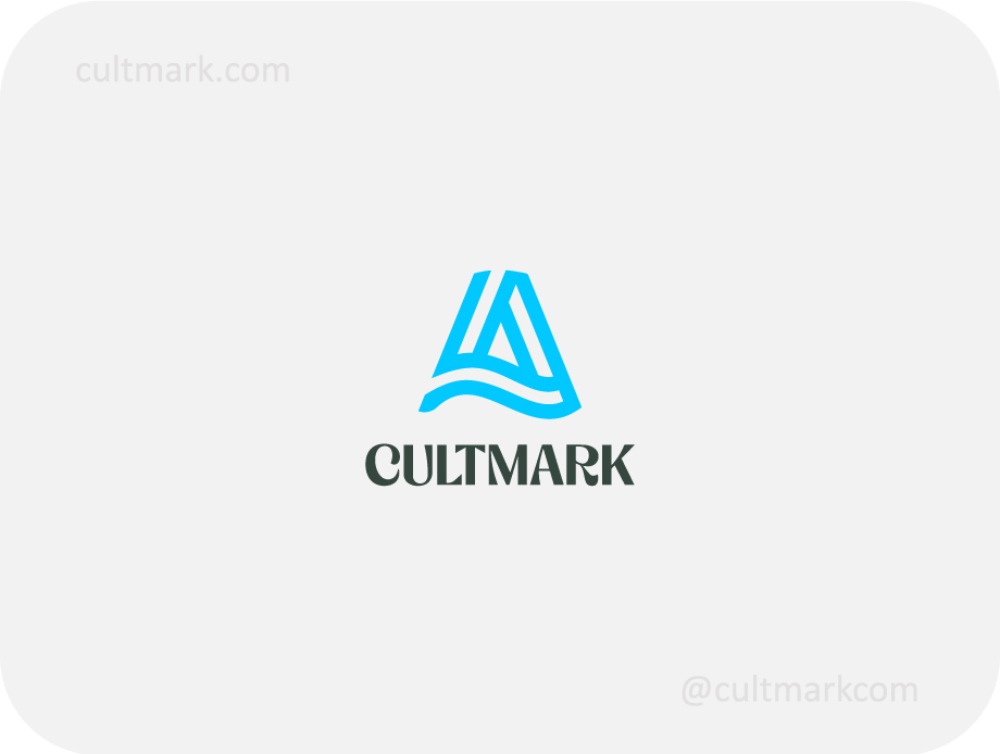Cultmark Geometric Wave Letter A logo design, minimalist blue abstract symbol for tech, sports, or creative business identity on light background.