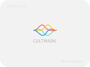 Cultmark Lips Wave logo design, colorful abstract intertwined waves forming a lips symbol for audio, podcast, communication, or beauty business identity on light background.