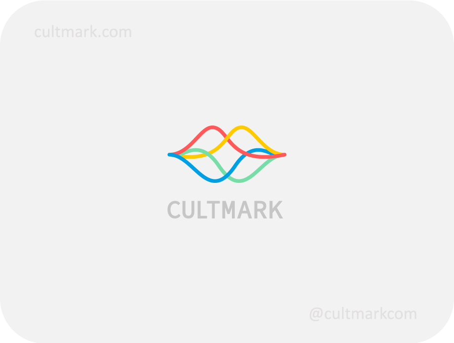 Cultmark Lips Wave logo design, colorful abstract intertwined waves forming a lips symbol for audio, podcast, communication, or beauty business identity on light background.