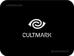 Cultmark Vision Vortex Eye logo, minimalist spiral eye symbol for creative, digital media, psychological, or tech business identity on black background.