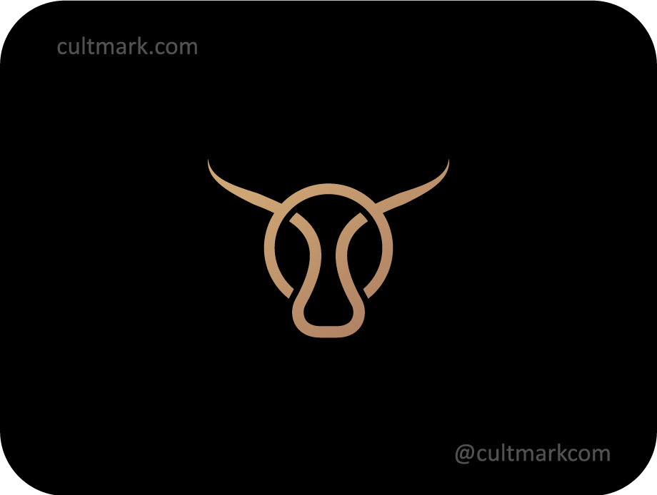Cultmark Premium Bull logo, minimalist golden line art bull head symbol for restaurant, steak house, finance, or luxury branding.