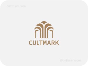 Cultmark Fountain Pavillion logo, elegant symmetrical pavilion structure with flowing fountain arch symbol for luxury resorts, botanical gardens, or wedding venues business identity.