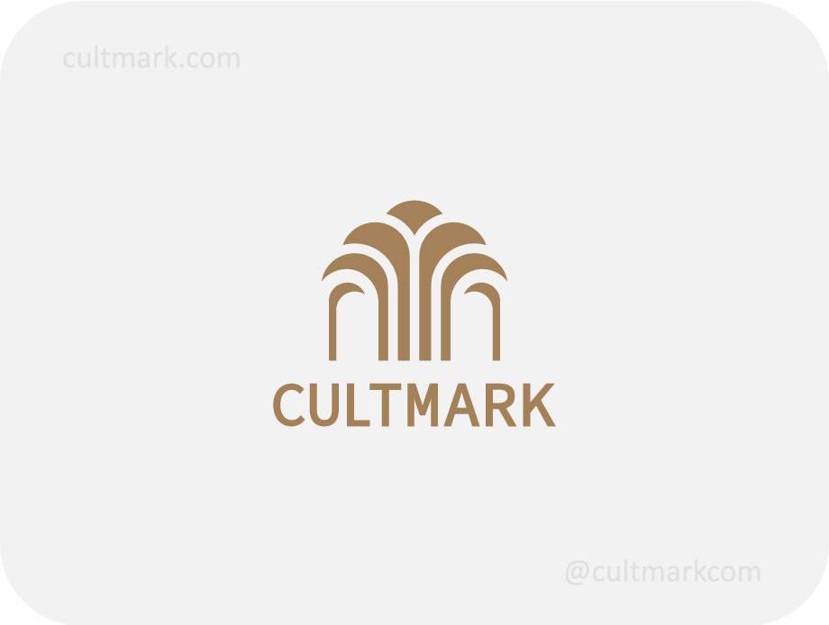 Cultmark Fountain Pavillion logo, elegant symmetrical pavilion structure with flowing fountain arch symbol for luxury resorts, botanical gardens, or wedding venues business identity.