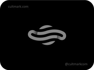 Cultmark Minimalist Planet logo, abstract planet and orbit line symbol for space-tech, research, or futuristic business identity on black background.