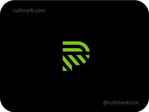 Cultmark Geometric Letter P logo, minimalist green monogram constructed from parallel lines for tech, logistics, or parking business identity on black background.