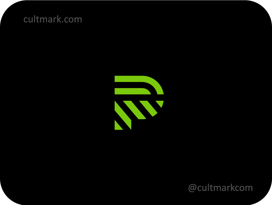 Cultmark Geometric Letter P logo, minimalist green monogram constructed from parallel lines for tech, logistics, or parking business identity on black background.