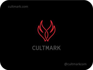 Cultmark Flame Wings logo, minimalist red line-art fire and wings symbol for sports, automotive, or gaming business identity on black background.