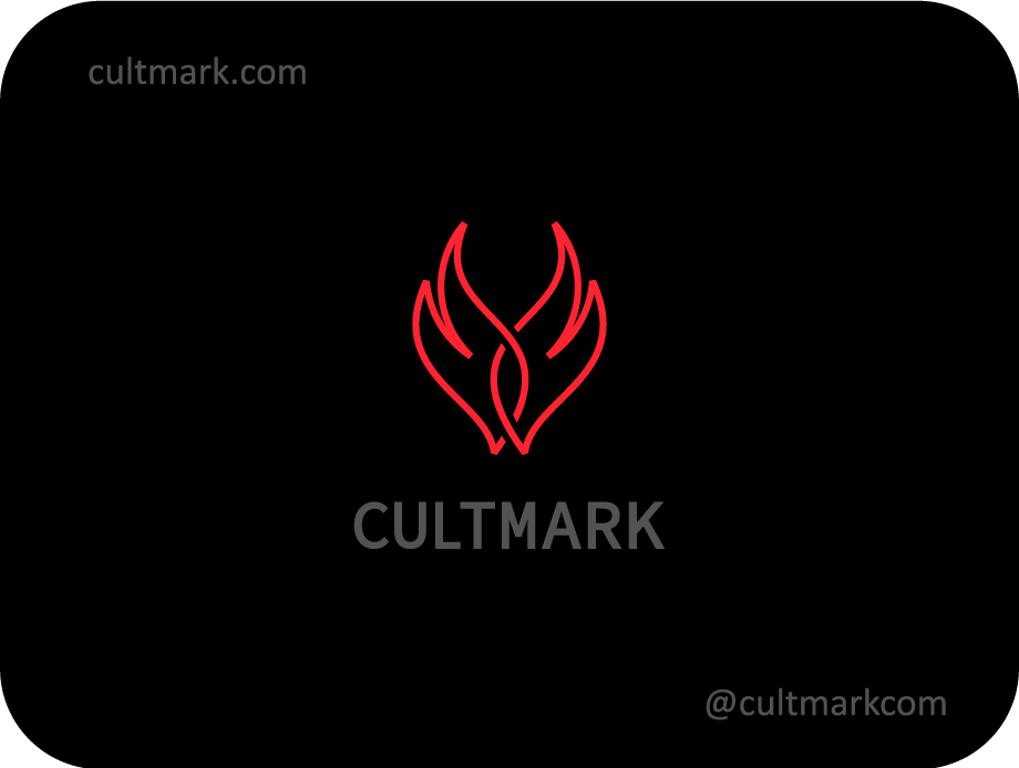 Cultmark Flame Wings logo, minimalist red line-art fire and wings symbol for sports, automotive, or gaming business identity on black background.
