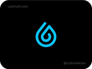 Cultmark Spiral Water Drop logo, minimalist blue line-art drop symbol for water purification, skincare, or tech business identity on black background.