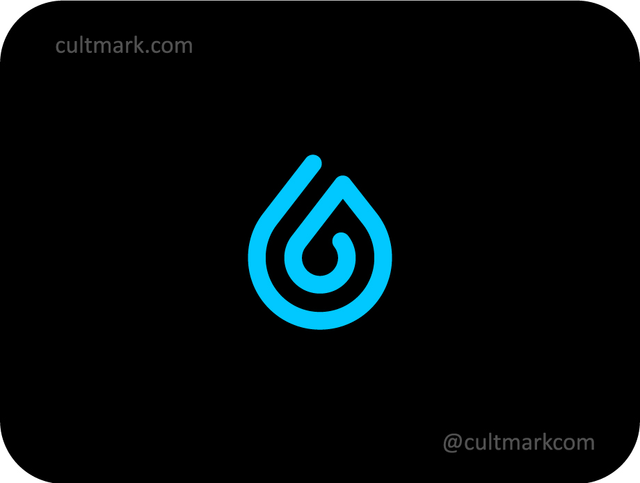 Cultmark Spiral Water Drop logo, minimalist blue line-art drop symbol for water purification, skincare, or tech business identity on black background.