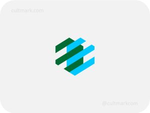 Cultmark Abstract Lines Heart logo, geometric heart symbol made of overlapping green and blue diagonal lines for fintech, healthcare, or tech business identity.