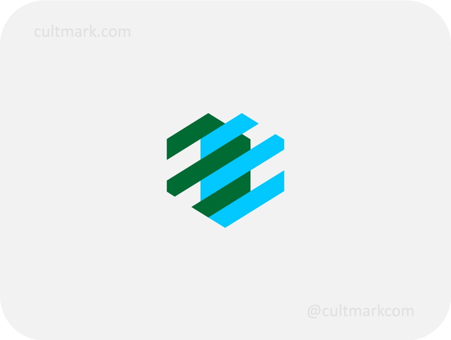 Cultmark Abstract Lines Heart logo, geometric heart symbol made of overlapping green and blue diagonal lines for fintech, healthcare, or tech business identity.